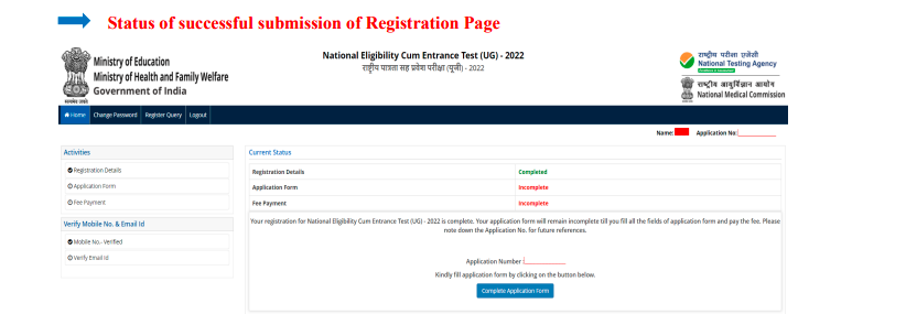 Status of successful submission of Registration Page - NEET 2027 Application form