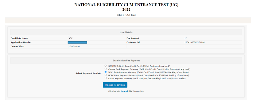 Fee payment - NEET 2027 Application form